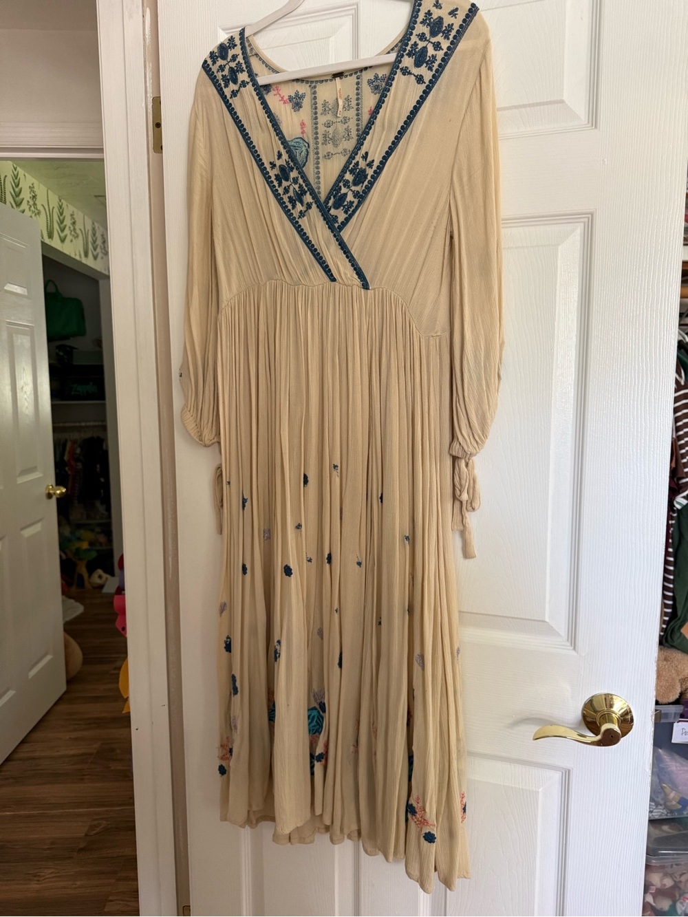 Free People Cream Embroidered V-Neck Midi Dress with Blue Accents
